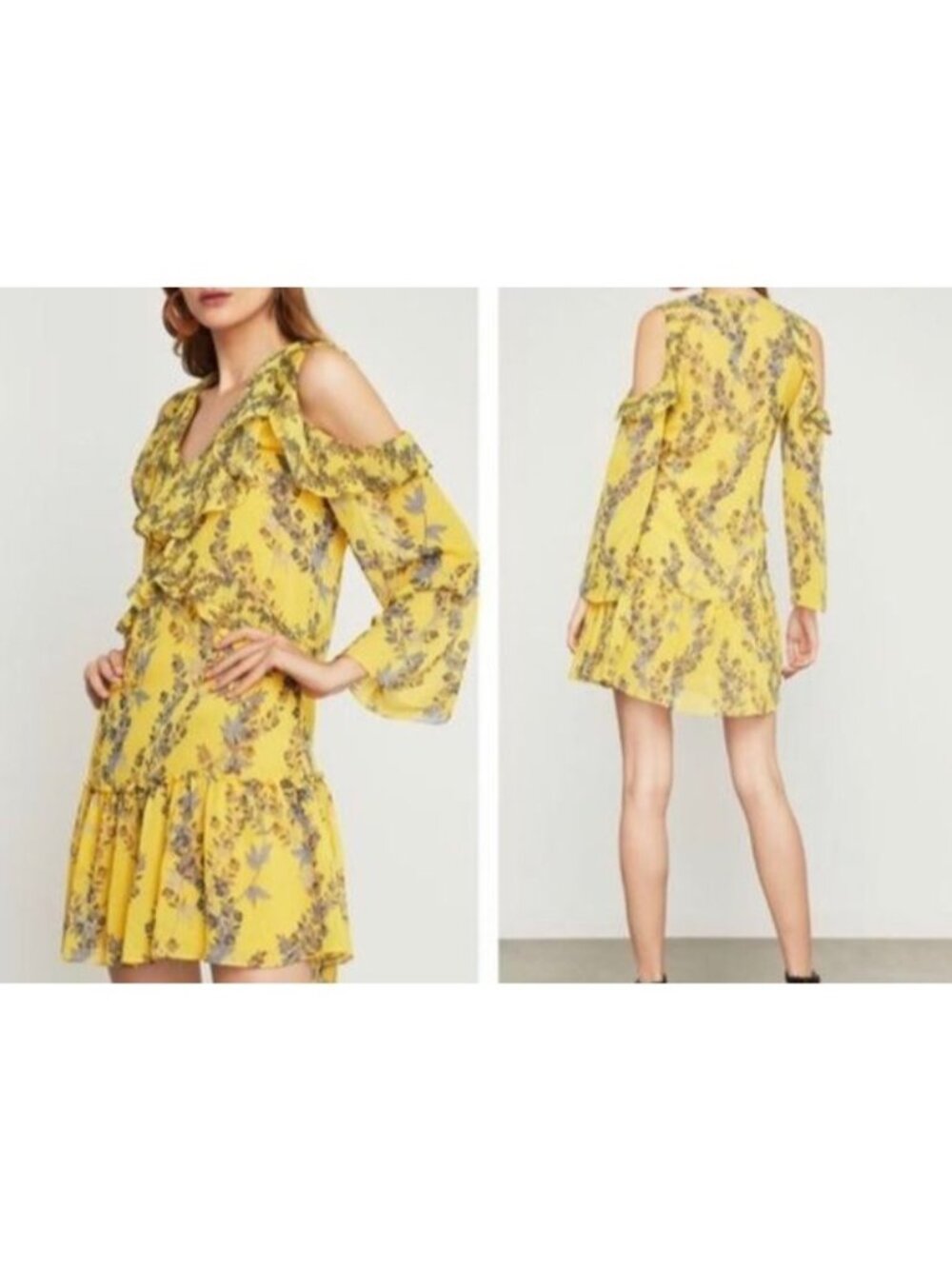 BCBGMaxAzria Womens Floral Dress Size M Yellow Cold Shoulder Ruffle Mini